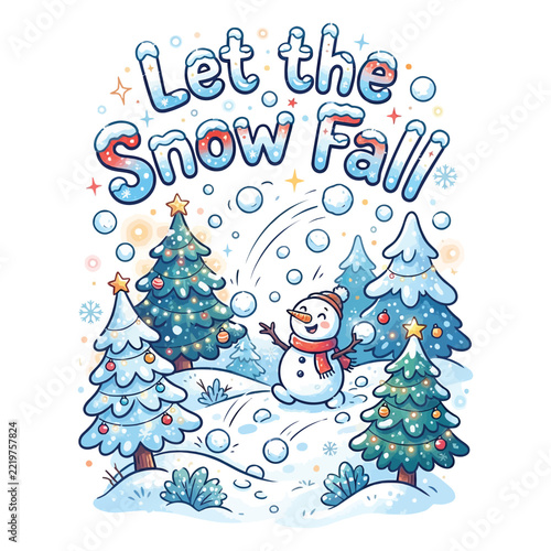 Cute snowman illustration with pine trees and falling snow for a festive winter christmas holiday season design