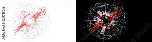Obraz na plátně Broken glass bullet hole with ring cracks and blood splatter for horror art in P