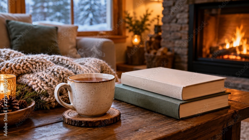 Naklejka premium Steaming Tea and Plain Books on a Rustic Table Beside a Warm Fireplace