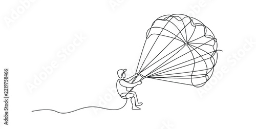 Obraz na plátně Continuous single line drawing of a person using a parachute for skydiving and e