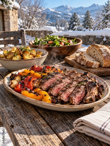 Winter Barbecue Meal with Grilled Beef on a Rustic Outdoor Table