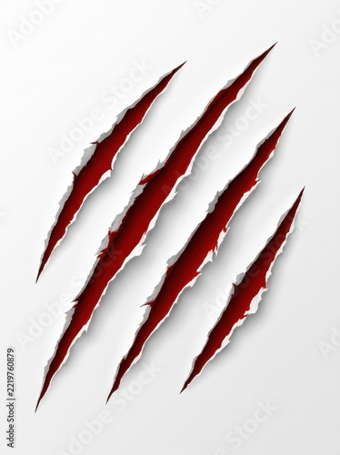 Realistic Red Claw Marks Ripping Through White Background Vector Illustration for Horror and Action Designs