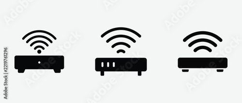 Set of three black wireless router icons with radiating signal waves isolated on white