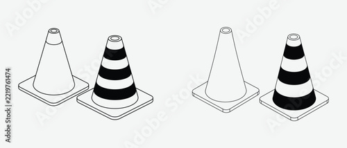 Two black and white traffic cones on a light gray background illustration