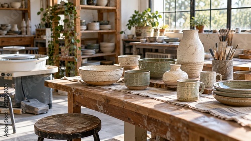 Contemporary Handmade Ceramic Vessels Displayed on a Sunlit Studio Table