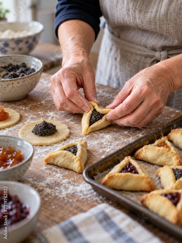 Hands shaping hamantaschen with poppy seed filling on a kitchen table