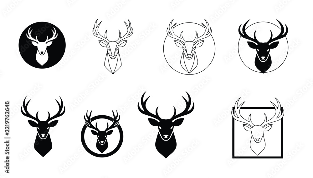 Obraz premium Eight diverse deer head logo icons enclosed within circles and squares using black and white styles.
