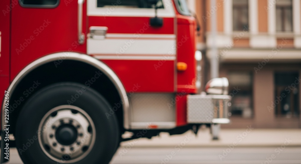 Fototapeta premium Close-up of a red fire truck side with wheel and equipment compartments
