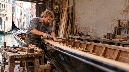 Craftsperson shaping a wooden gondola hull in a sunlit canal side workshop