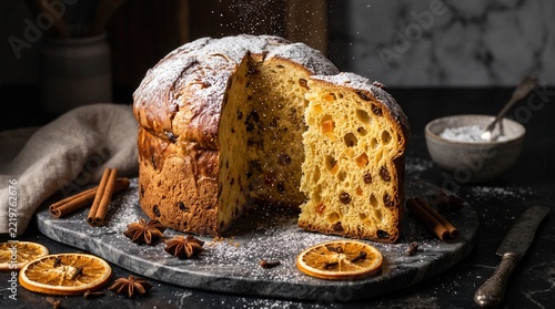 Freshly sliced artisanal panettone dusted with powdered sugar on a dark marble board surrounded by star anise and cinnamon
