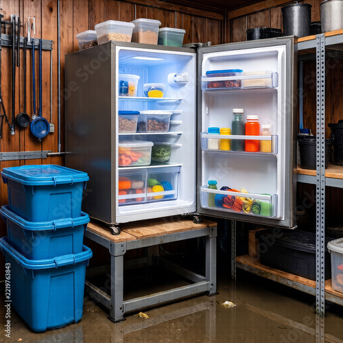 Open household refrigerator and organized blue storage bins stand inside a utility room stocked with bottled drinks and supplies for practical everyday needs