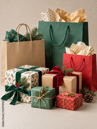 Festive Shopping Bags and Wrapped Presents on a Clean Neutral Background
