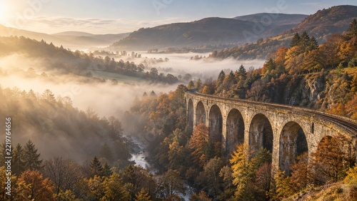 Curved Stone Railway Viaduct Crossing an Autumn Valley Filled with Mist