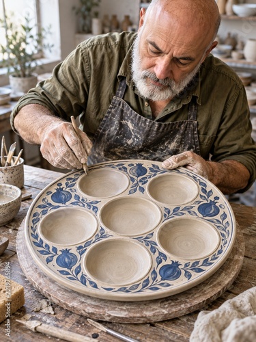 Potter shaping a six compartment seder plate with botanical decoration