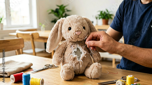 Close view of hands repairing a plush teddy bear with sewing tools and fabric patches on a craft table restoring a cherished soft toy through patient handiwork
