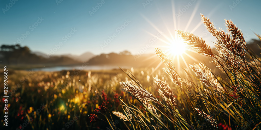 Fototapeta premium Bright sunburst shines through golden grasses above open meadow