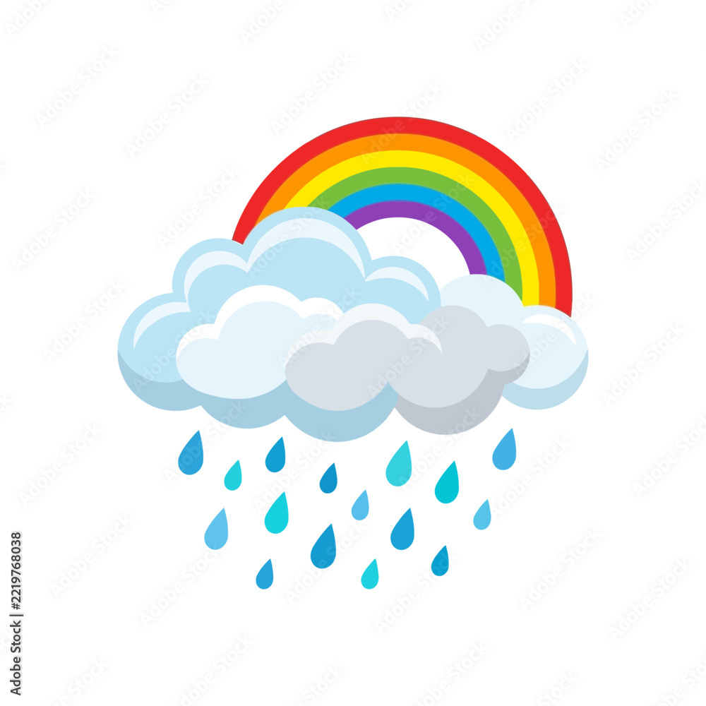 Fototapeta premium A cartoon illustration of a white cloud raining blue raindrops with a colorful rainbow arching above it on a white background.