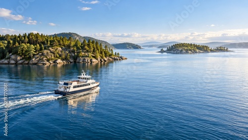 Small Passenger Ferry Crossing a Calm Blue Bay between Green Islands
