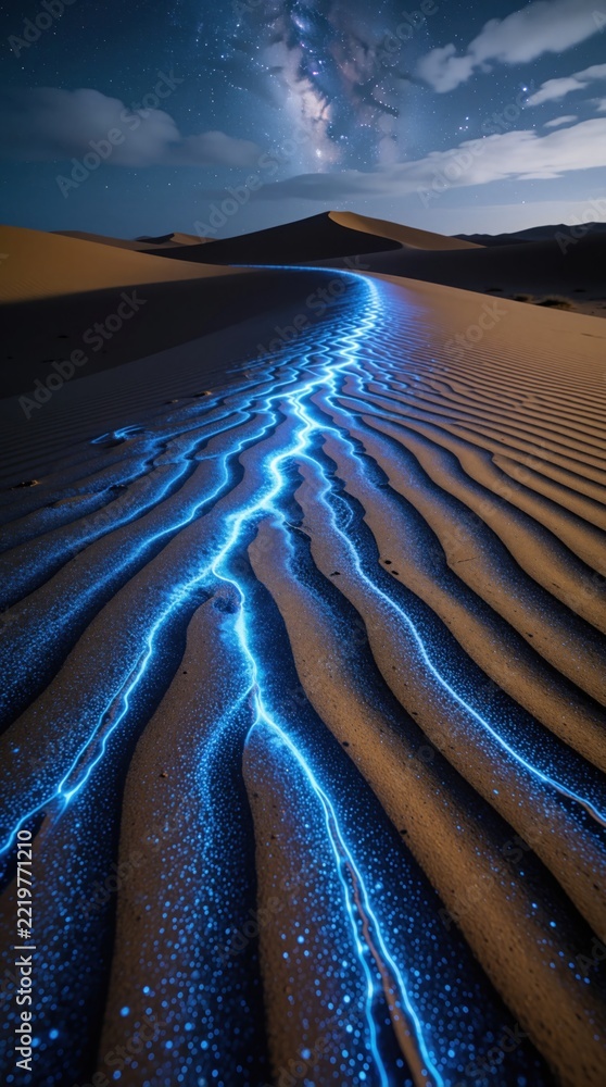 Fototapeta premium Surreal night desert landscape with glowing blue bioluminescent light on sand dunes. Magical blue energy flows through desert ripples under starry milky way galaxy sky. Mystical glowing waves create