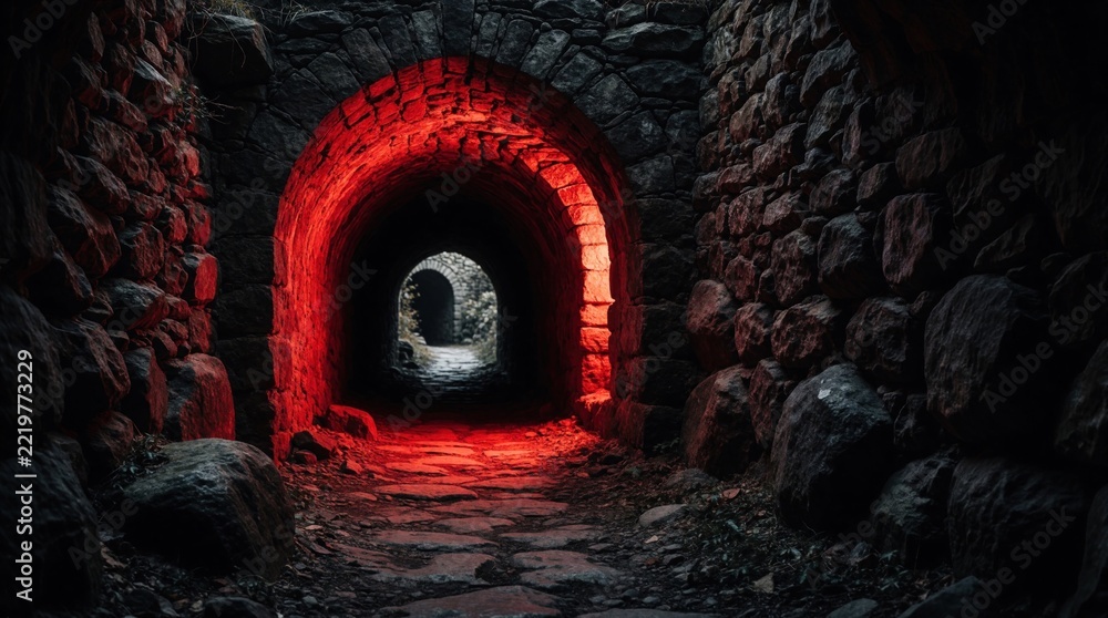 Fototapeta premium Ancient stone archway tunnel with eerie red lighting. Dark gothic passage leads into mysterious underground chamber. Scary moody portal shows rocky entrance with shadows, gloom. Ominous red glow