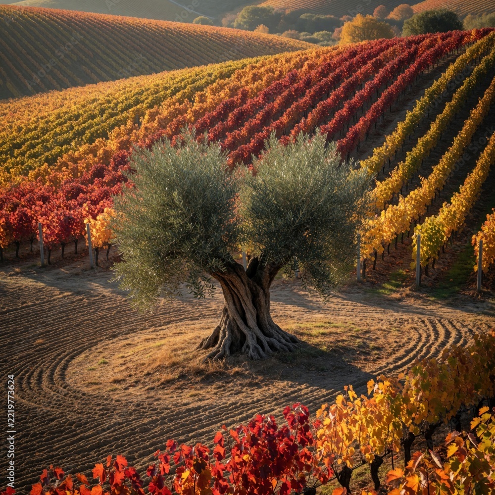 Naklejka premium Autumn landscape with single olive tree in colorful vineyard. Rows of grapevines show red, orange, yellow leaves. Scenic countryside view with hills, cultivated farmland during fall season. Peaceful