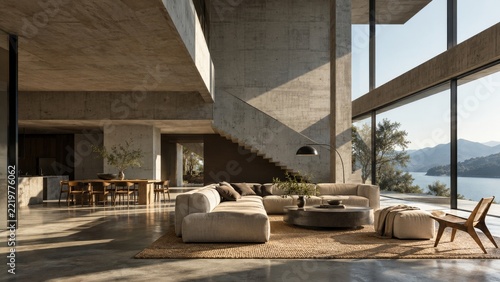 Double height concrete interior with dramatic morning light and lake views