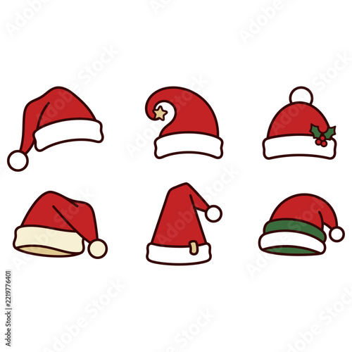 Six cute, stylized Santa hats with smiling faces in cheerful red and white colors, perfect for holiday designs and festive illustrations.