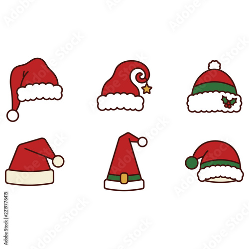 Six colorful Santa hats with expressive faces in a festive style, perfect for holiday cards, gifts, and seasonal projects.