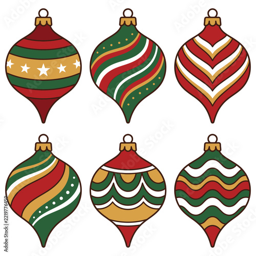 Bright and festive collection of six glass baubles showcasing classic striped holiday designs in vibrant colors. Perfect for Christmas illustrations or decorations.