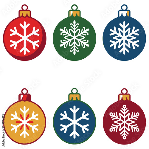 Bright and festive collection of six holiday ornaments featuring snowflake patterns in red, green, blue, and gold tones.