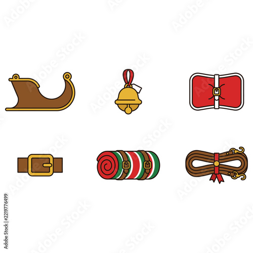 Bright and cheerful icons depicting festive gift wrapping elements like ribbon, bows, gift tags, and book covers for holiday-themed designs.
