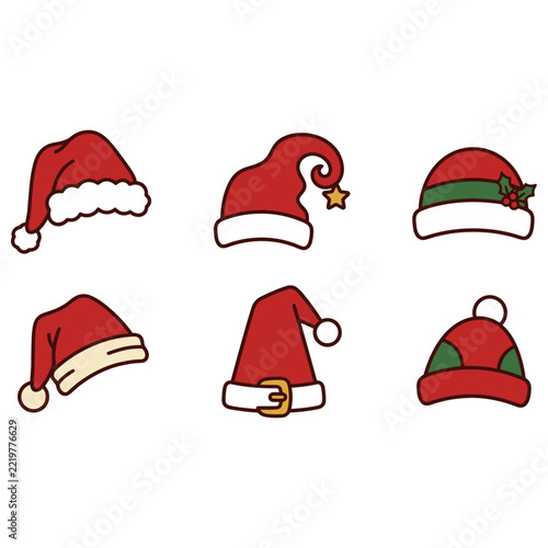Bright and cheerful Santa hats and reindeer-themed headwear icons perfect for holiday graphics, cards, and festive designs.