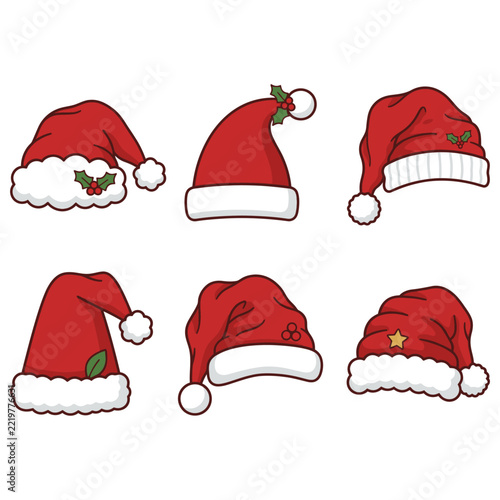 Six cheerful red Santa hats with white trim and fluffy white pom poms arranged in a playful, upright formation.