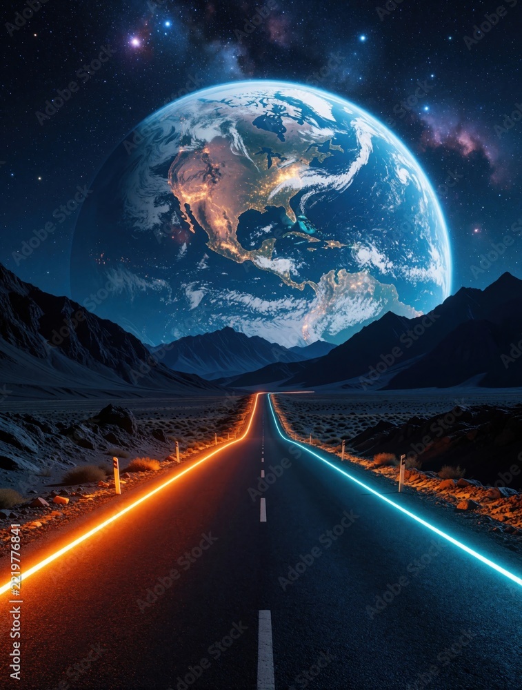 Fototapeta premium Long asphalt highway stretches toward horizon under massive planet Earth. Glowing neon orange, blue lines mark road lanes. Dark mountains, starry cosmic galaxy background create futuristic space