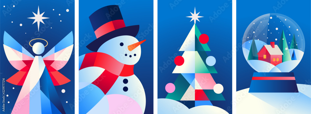Fototapeta premium Angel, halo and star, snowman in top hat and scarf, decorated Christmas tree, snow globe cottage. Christmas card set, flat gradient vector holiday posters
