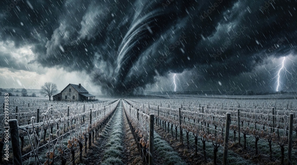 Fototapeta premium Powerful tornado twister hits frozen vineyard under dark storm sky. Massive whirlwind destroys rural farm during winter blizzard. Lightning strikes near old wooden house in snowy countryside. Extreme