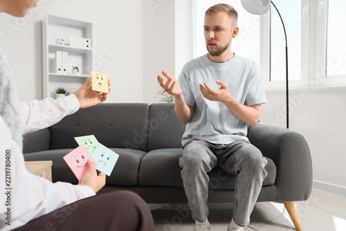 Mental health therapy and emotional intelligence, patient discussing feelings...
