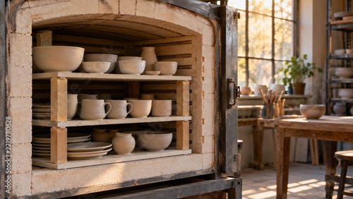 Unfired Handmade Bowls and Mugs on Kiln Shelves in Warm Afternoon Light