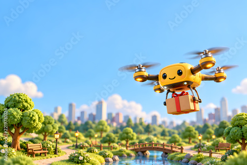 AI-generated Friendly Yellow Delivery Drone Flying Over a Park, Claymation Illustration of Future Delivery Technology