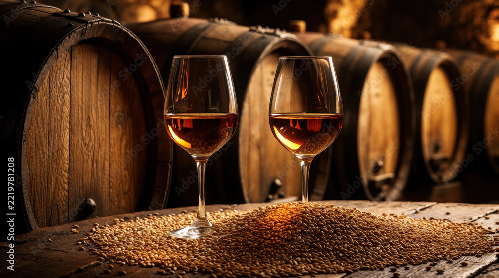 Fototapeta premium Two wine glasses with red liquid sit on pile of grain in cellar. Large wooden barrels line background in dark winery. Elegant crystal stemware rests on rustic table for wine tasting event luxury