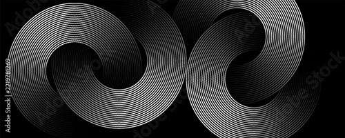 Glowing abstract white geometric lines on a black background. A modern pattern of glossy white circular lines. Futuristic technology concept.