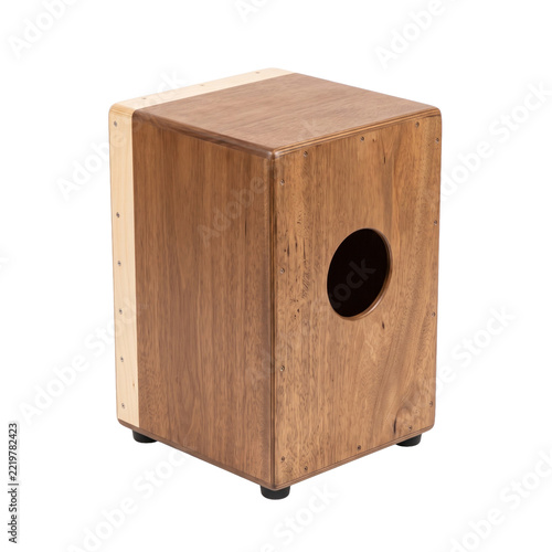Fotografie Wooden cajón percussion instrument with circular sound hole on a transparent bac