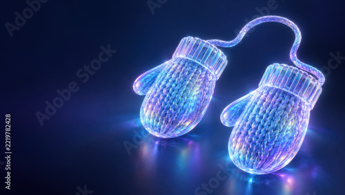 Glowing iridescent knitted mitten with luminous winter appearance