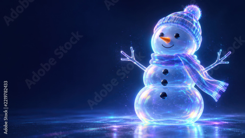 Holographic glowing snowman on winter ice with radiant glow