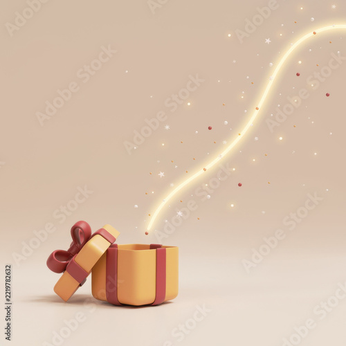 Open gift box, red ribbon, glowing sparkle, beige background with copy space