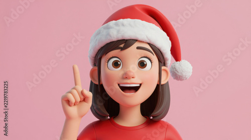 Excited 3D Cartoon Girl in Santa Hat Pointing Finger Up Having Great Christmas Idea Pink Studio Background with Copy Space. Happy Woman Character in Red Santa Claus Hat Pointing Index Finger Up 