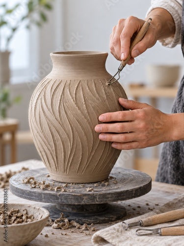 Hands Carving Flowing Texture into an Unfinished Clay Vase with a Loop Tool