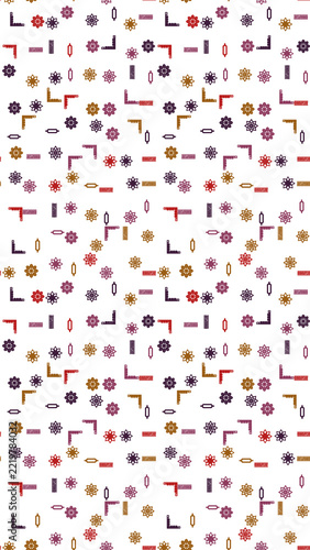 Seamless pattern of geometric shapes and floral motifs in red