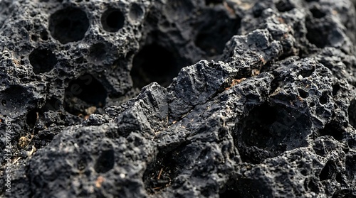 Close-up macro shot of dark volcanic rock with porous texture and rough surface