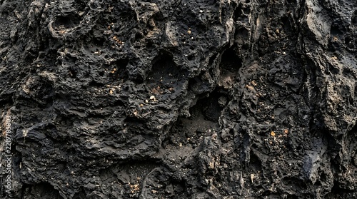 Abstract dark volcanic rock texture with porous surface and rough details